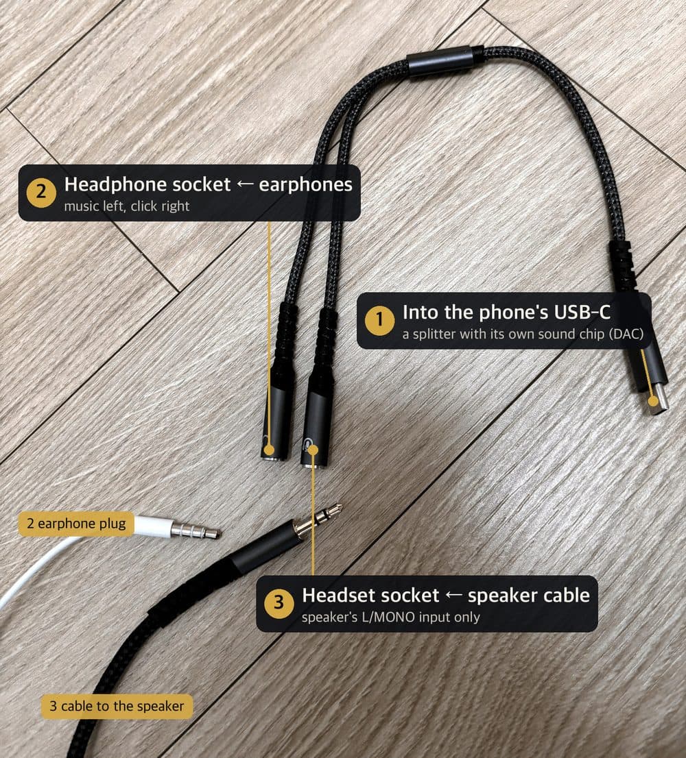 USB-C splitter: earphones in the headphone socket, speaker cable in the headset socket