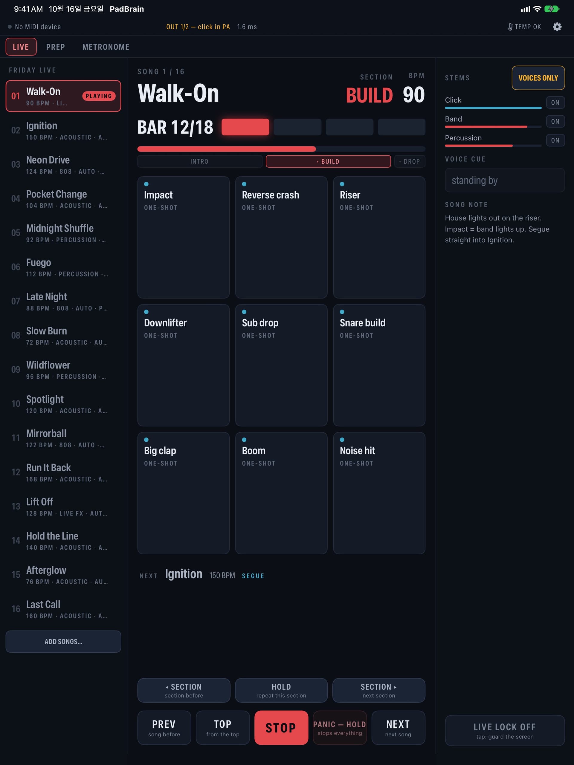 iPad — Live: the playing song in red, sections in the middle