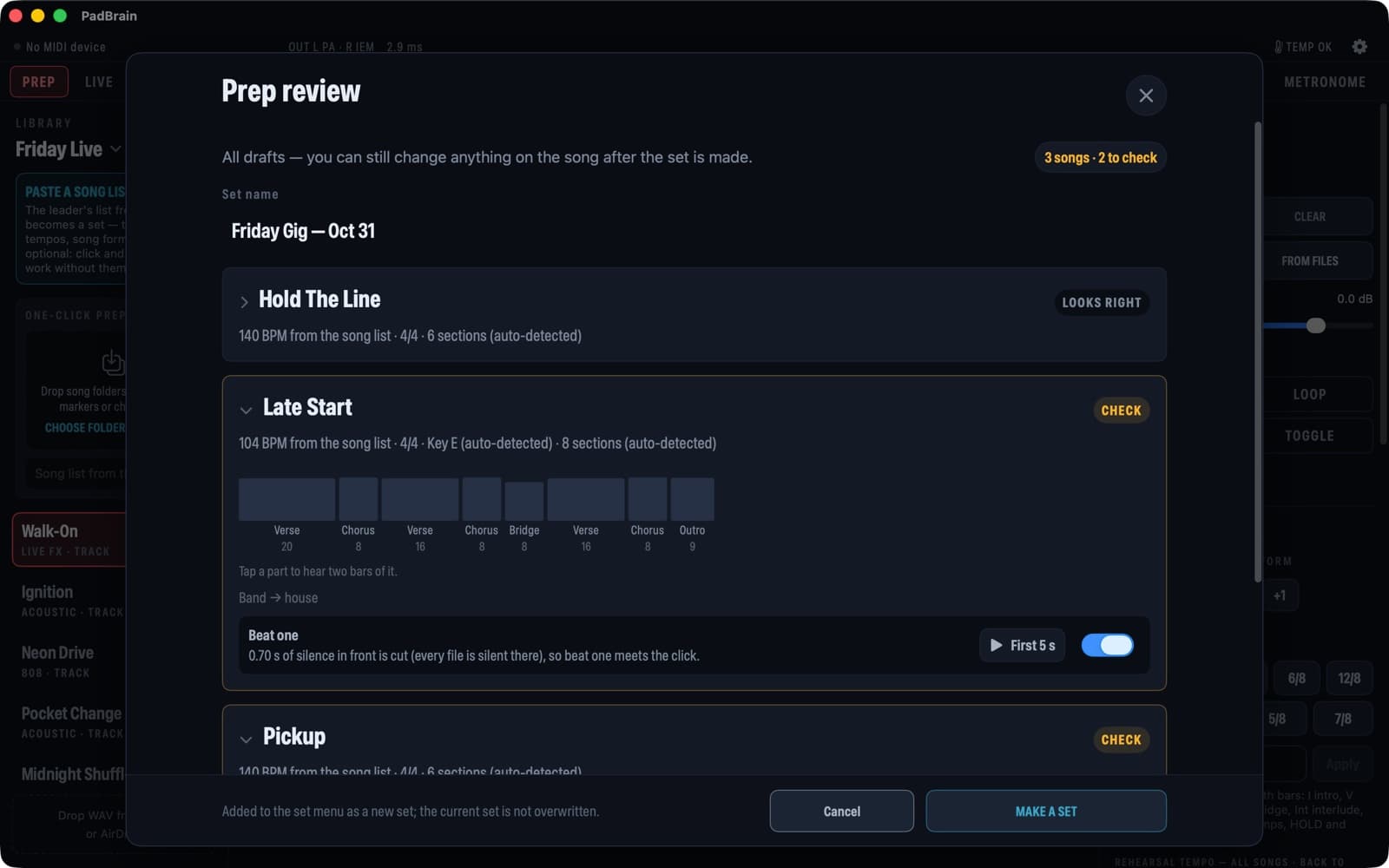 Mac — one-click prep review: tempo, meter and sections per song, beat one lined up, Make a set
